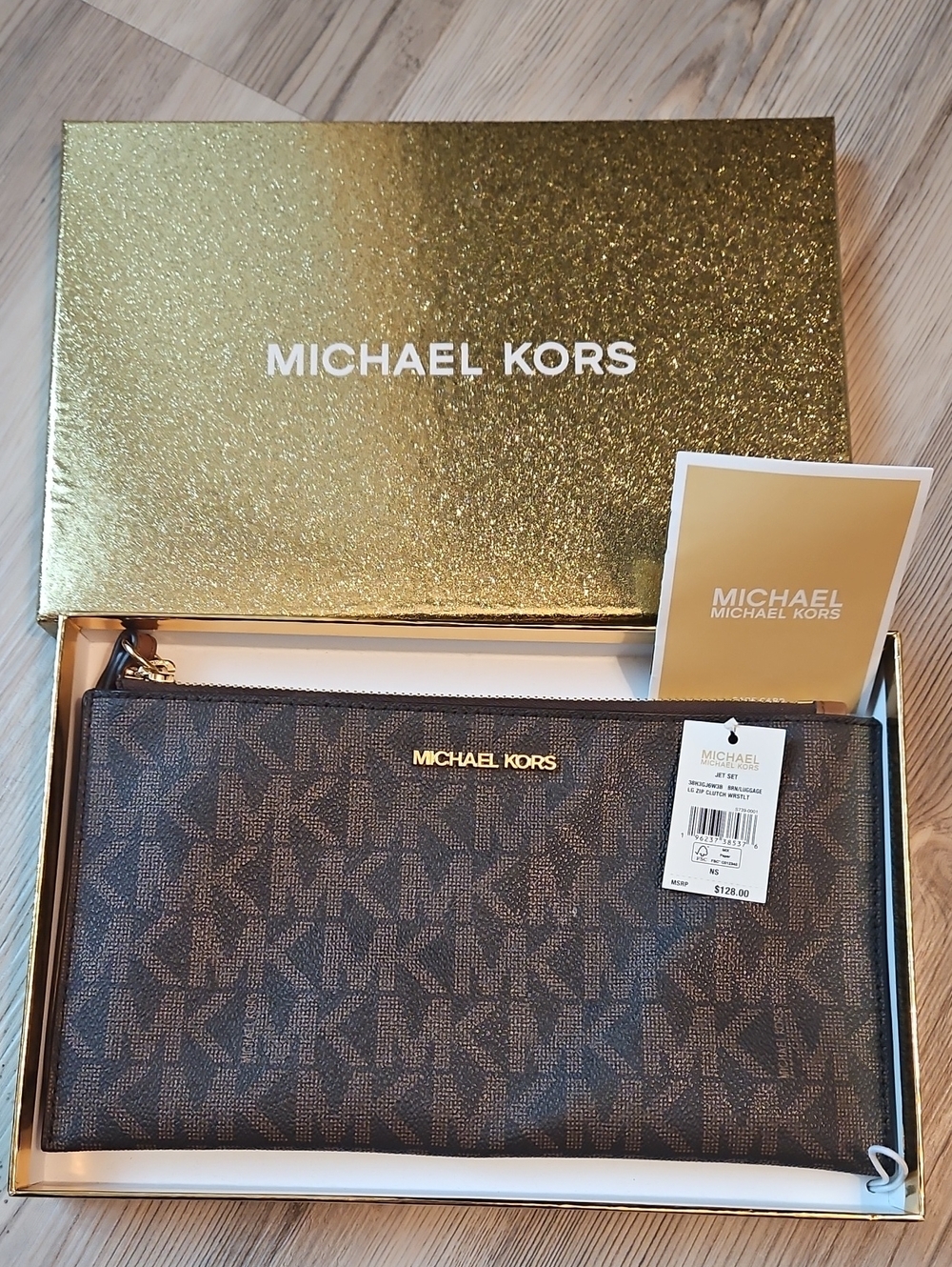 NWT Michael Kors Jet Set Large Clutch Wristlet – Signature Brown Monogram